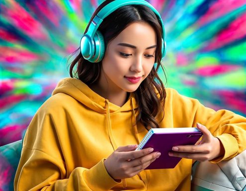 Junge Frau in gelbem Hoodie hört Musik und schaut auf ein Gerät, bunter Hintergrund.
