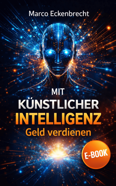 E-Book-Cover mit dem Titel "Mit Künstlicher Intelligenz Geld verdienen" und futuristischem Hintergrund.