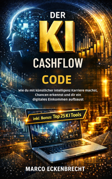 Buchcover mit dem Titel „Der KI Cashflow Code“ und Grafiken zu Technologie und Finanzen.