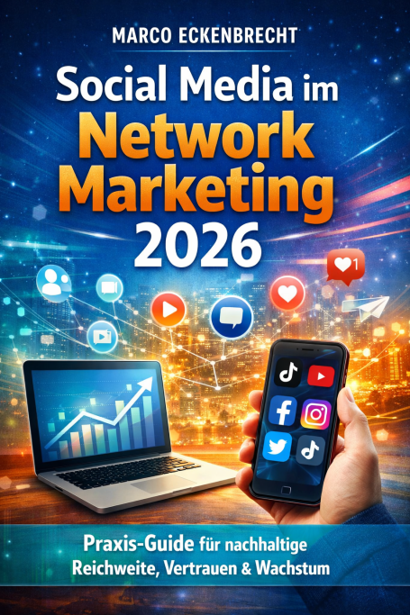Buchcover Social Media Buchcover: "Social Media im Network Marketing 2026" mit Grafiken und Social Media-Symbolen.